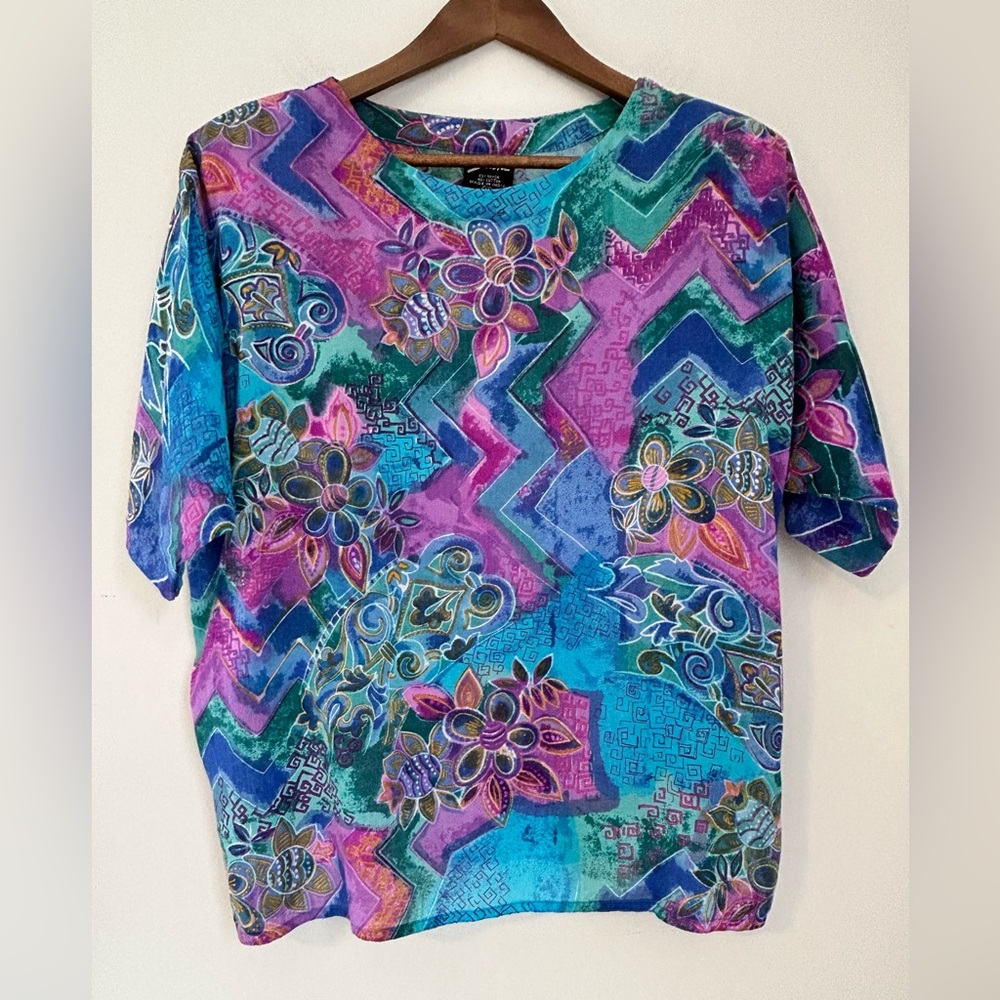 Vintage Zashi 2-Piece Set w Sash | Medium | Floral Geometric Print Top & Skirt